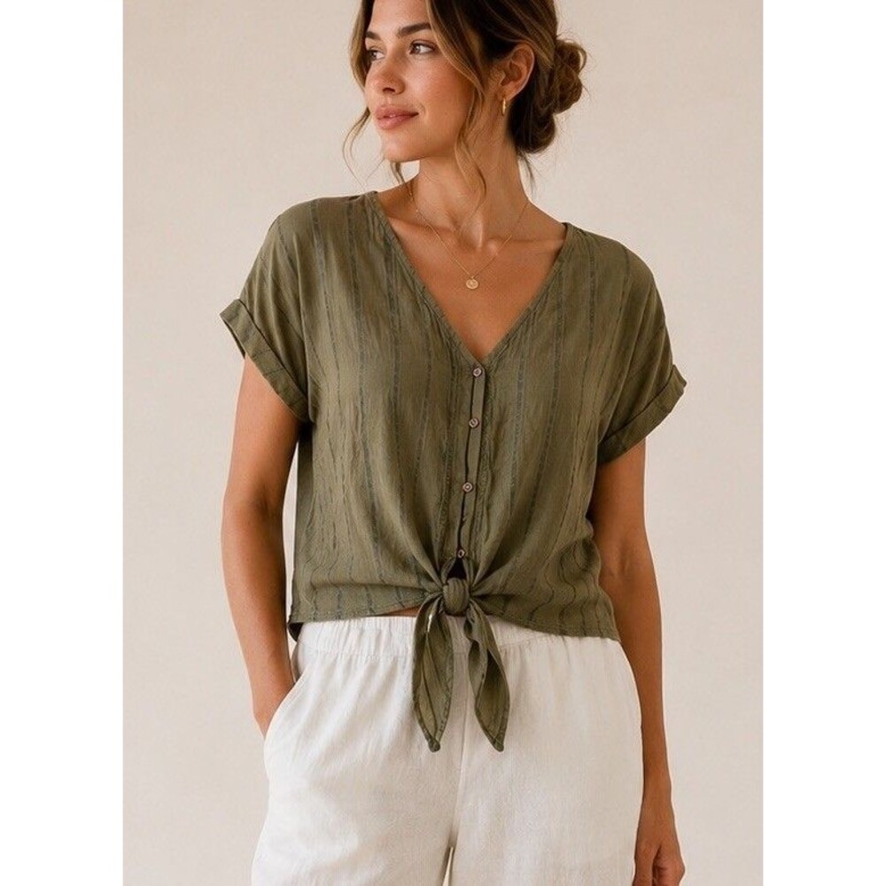 Prana Organic Cotton Tencel Lyocell Olive Green Tie Front Crop Top Size M Boho